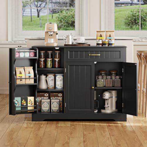 Gizoon Kitchen Sideboard Buffet Cabinet with Storage Small Coffee Bar Cabinet with Drawer, Kitchen Pantry Storage Cabinet with Door and Shelves for Bathroom and Living Room, Black, Painted - color: Black, size: 42"W (3 Doors + 1 Drawer)