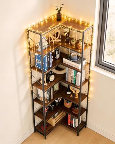 Garvee Corner Shelf, 7 Tier Industrial Corner Bookshelf, Wood and Metal Frame Large Bookcase, Freestanding Display Shelf for Living Room, Kitchen, Home Office, Rustic Brown