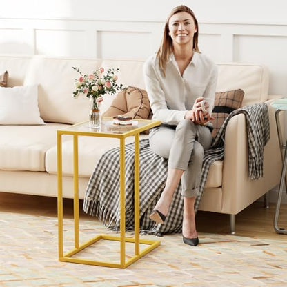 C Table Side End Table, Small C Shaped Table for Sofa,Glass Couch Sofa Tray Snack Table for Living Room, Bedroom,TV Tray Table for Small Space,Accent Coffee Table,Nightstand with Metal Frame(Yellow) - color: Yellow