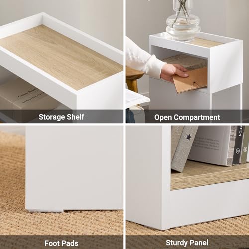 SoBuy Narrow Nightstand with Drawer and Open Shelf – Slim Small Bedside Table for Tight Spaces, Compact Skinny White Nightstand for Bedroom or Dorm, Wooden Side Table, White FBT171-WN