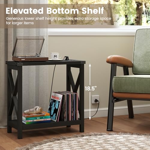 Hadulcet Farmhouse End Tables Living Room Set of 2 - Narrow Side Table with Charging Station, Slim Nightstand for Small Space, Skinny Bedside Table, Sofa Side Table with Storage Shelf, Black - color: Classic Black