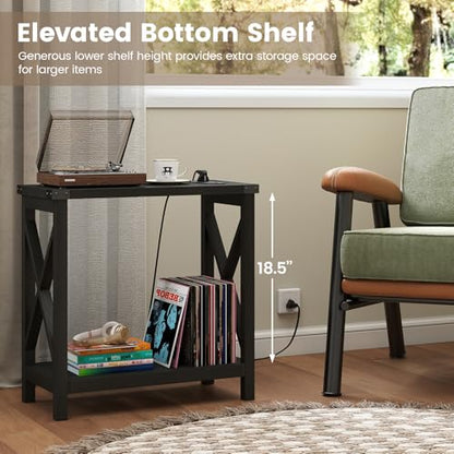 Hadulcet Farmhouse End Tables Living Room Set of 2 - Narrow Side Table with Charging Station, Slim Nightstand for Small Space, Skinny Bedside Table, Sofa Side Table with Storage Shelf, Black - color: Classic Black