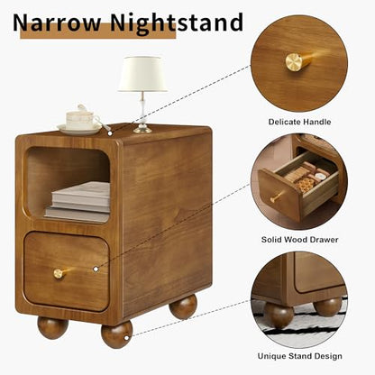 Small Narrow Nightstand with Drawers, Solid Wood Nightstand, Walnut Night Stand, Mid Century Side Table, Modern Bedside Tables for Bedroom (10 inch) - style: Narrow Nightstand