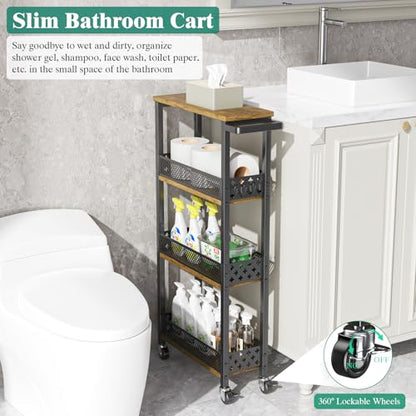 4-Tier Slim Rolling Storage Cart for Kitchen Bathroom Organizer, Mobile Narrow Storage Cabinet Utility Cart with Wood Rack on Wheels for Pantry Laundry Small Space - size: Brown/Net Bar
