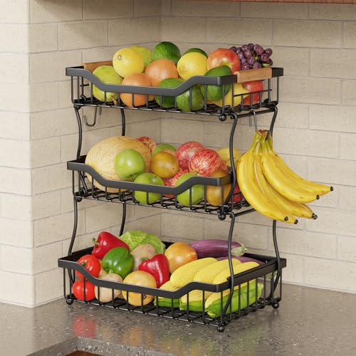 Giwil 3 Tier Countertop Fruit Basket for Kitchen, Vegetable Storage Bread Fruit Bowl Stand with 2 Banana Hooks, Wall Mounted Metal Wire Basket Organizer for Potato Onion, Black - size: 3 Tier Wire Basket Top