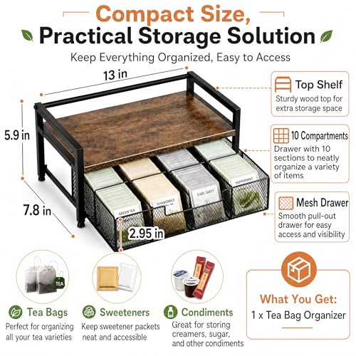 8-Drawer Tea & K-Cup Storage Organizer for Countertop | 8 large drawers，Iron & wood, fits tea bags & K-Cups, dust-proof，space-saving，for countertop or drawer，easy-clean
