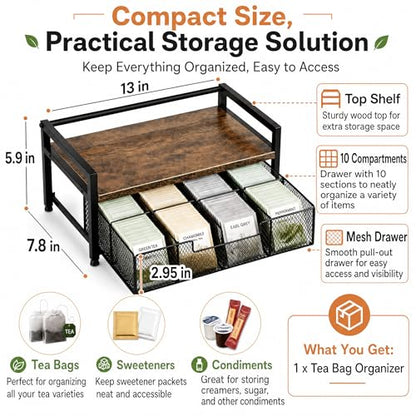 8-Drawer Tea & K-Cup Storage Organizer for Countertop | 8 large drawers，Iron & wood, fits tea bags & K-Cups, dust-proof，space-saving，for countertop or drawer，easy-clean