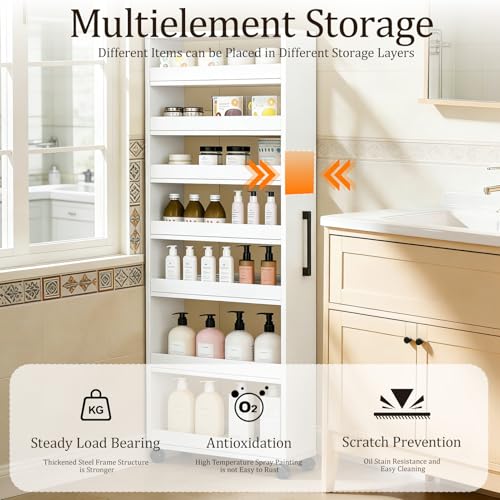 Rolling Spice Rack Next To Side Of Fridge Storage Slim Narrow Shelf Lightweight 7 Tier Wooden Storage Cart For Kitchen , Dining Room, Bathroom, Small Spaces (White, 72.4"H x 9.8"W x 21.6"D) - color: White