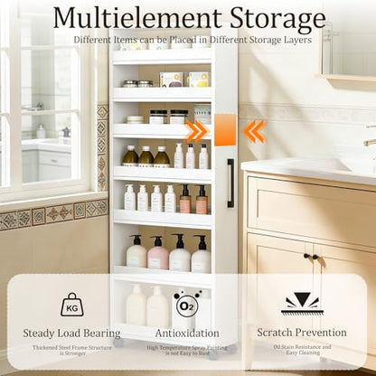 Rolling Spice Rack Next To Side Of Fridge Storage Slim Narrow Shelf Lightweight 7 Tier Wooden Storage Cart For Kitchen , Dining Room, Bathroom, Small Spaces (White, 72.4"H x 9.8"W x 21.6"D) - color: White