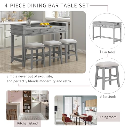 4-piece Dining Bar Table Set with 3 Upholstered Stools, Rubber Wood Counter Height Multifunctional Dining Table with 3 Drawers and USB Port, Side Table with Footrest Pub Kitchen Set (Grey-N2) - color: Grey-n2