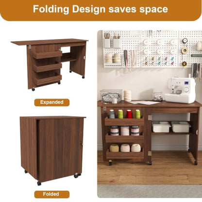 HRVEOCEI 4-in-1 Folding Sewing Table with Storage, Sewing Desk Foldable with Lockable Wheels & Power Socket, Sewings Machine Cabinet & Craft Desk with Shelves, Compact Design (Walnut, 45 Inch) - color: Walnut, size: 45 Inch