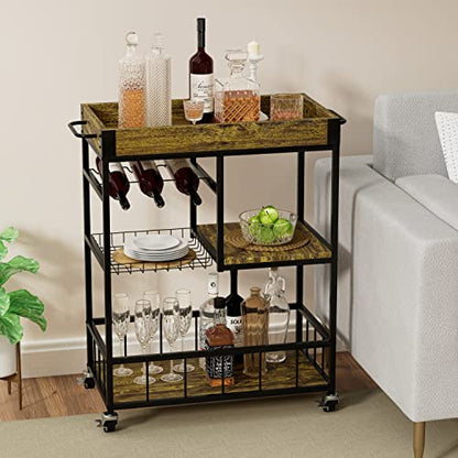 Bar Cart with Basket 3 Tiers Home Rolling Wine Rack with Wheels Mobile Kitchen Industrial Vintage Style Wood Metal Serving Trolley Serving Cart,Glass Holder Bar Cabinet - size: Rustic Brown, style: With Basket