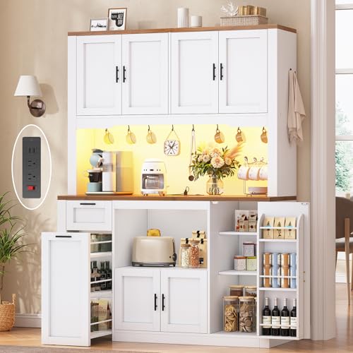 Itaar 71" Pantry Cabinet with Charging Station and LED Light, Kitchen Pantry Cabinet with Microwave Stand, 47.2" Wide Kitchen Storage Cabinets with Storage Cart 3 Tier for Dining Room, White - color: White