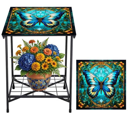 Cinnvoice Outdoor Side Table 2-Tier Storage Square Small Mosaic Patio Accent Indoor End Plant Coffee Tea Table for Yard Patio Porch Garden Living Room, Bedroom(Butterfly Style) - style: Butterfly Style