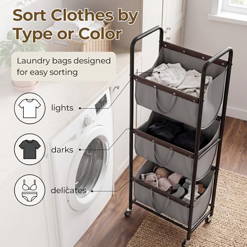 GRANNY SAYS 3 Tiered Laundry Sorter, Narrow Hamper Cart with Wheels, Grey - color: Grey