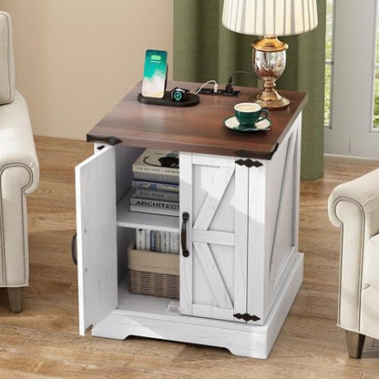 Farmhouse End Table with Charging Station, Rustic Wood Nightstand with Adjustable Shelf, 19.6"W Versatile Walnut Sofa Side Table with Barn Doors and Retro Hinges for Bedroom, Living Room (White-kk025) - color: White-kk025