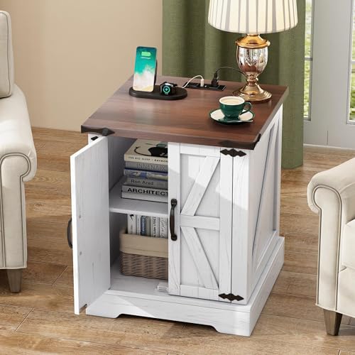 Farmhouse End Table with Charging Station, Rustic Wood Nightstand with Adjustable Shelf, 19.6"W Versatile Walnut Sofa Side Table with Barn Doors and Retro Hinges for Bedroom, Living Room (White-kk025) - color: White-kk025