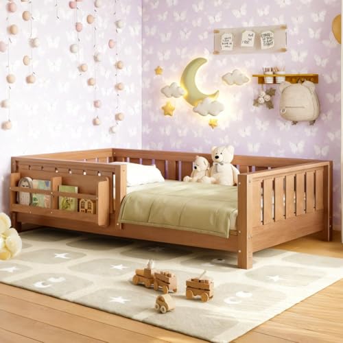 Bellemave Kids Twin Floor Bed with Built-in Bookshelf and High Fence, Montessori Bed for Boys, Girls,Safety Pine Wood,No Box Spring Needed(Twin,Natural,Bookshelf) - color: Natural, size: Twin-Bookshelf