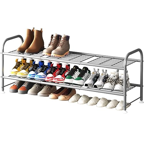 LINZINAR 2 Tier Long Shoe Rack for Closet Metal Shoe Organizer for Entryway | Spacious design stores 15+ pairs of shoes,durable metal frame,space-saving organizer for closet, hallway, and Entryway Grey - color: Grey, size: 2-Tier