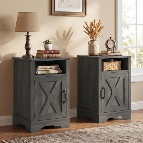 FansaFurn Farmhouse End Table Set of 2 with Charging Station for Bedroom | Dark Grey Night Stand with Storage Cabinet and Shelf, Tall Bedside Table for Living Room - color: Dark Grey, size: 16" D × 16" W × 25" H (Set of 2)