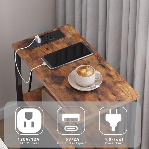 TUTOTAK Small Narrow End Table with Charging Station, Set of 2, Side Table with Outlets, Nightstand with 2 Cloth Drawers, Couch Table, for Living Room, Bedroom, Bedside, Brown TB01BB055 - color: Brown, style: 2 Drawers & Plug