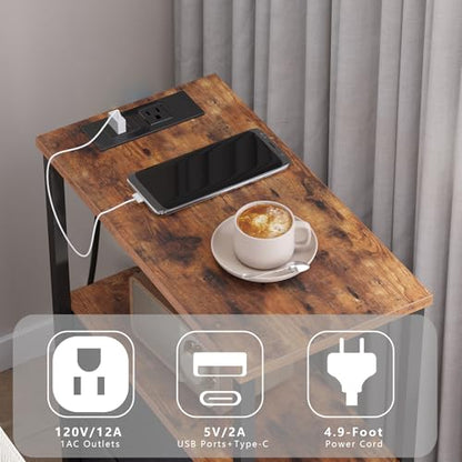 TUTOTAK Small Narrow End Table with Charging Station, Set of 2, Side Table with Outlets, Nightstand with 2 Cloth Drawers, Couch Table, for Living Room, Bedroom, Bedside, Brown TB01BB055 - color: Brown, style: 2 Drawers & Plug