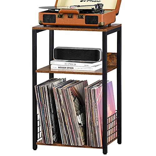 LELELINKY 3 Tier End Table,Record Player Stand with Storage Up to 100 Albums,Turntable Stand for Vinyl,Brown Records Shelf for Living Room Bedroom - color: Brown, size: Medium