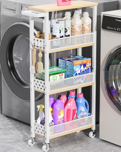 4-Tier Slim Rolling Storage Cart for Kitchen Bathroom Organizer, Mobile Narrow Storage Cabinet Utility Cart with Wood Rack on Wheels for Pantry Laundry Small Space, White - size: White/Net Bar