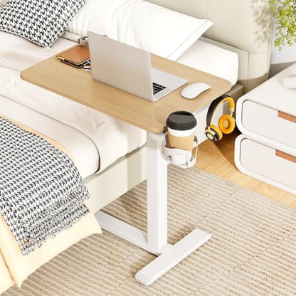 Tangkula Mobile Standing Desk, Pneumatic Height Adjustable Rolling Desk with Cup Holder & Headphone Hook, Overbed Table with Hidden Wheels, Laptop Computer Cart for Couch, Home, Office (Natural) - color: Natural