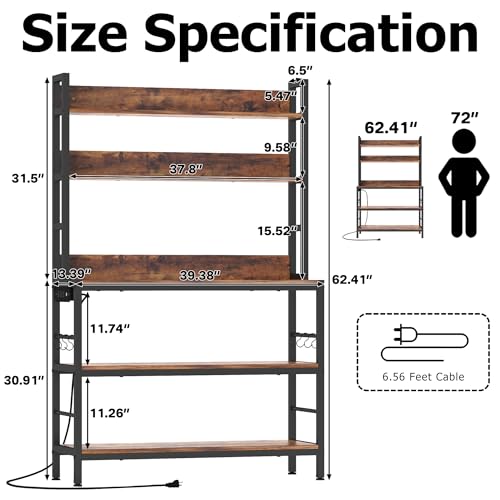 Kitchen Baker’s Rack with Power Outlet, 5-Tier Free Standing Storage Shelf Rack with Hooks, Kitchen Shelves with Storage,Industrial Microwave Stand Shelf for Dining Room,Coffee Bar for Spaces - size: with power outlet