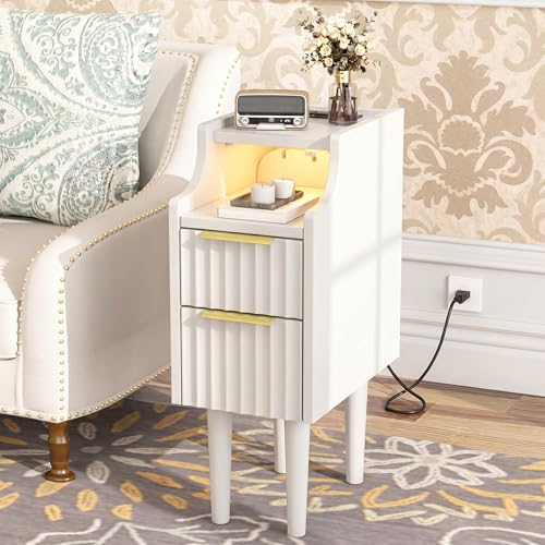 Fluted Narrow Nightstand with Charging Station, Solid Wood Night Stand with 2 Drawers, White Mid Century Modern Led Nightstand, Small Beside Table with Open Storage Shelf for Bedroom （10 inch） - color: White