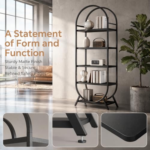 Bookshelf Arched Bookcase, Industrial 5 Tier Open Book Shelves with Metal Frame, 72" Tall Freestanding Display Rack for Home Office, Living Room, Black - color: Black, size: 5 Tier Arched