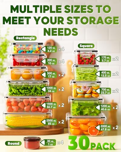 KEMETHY 60 PCS Food Storage Containers with Lids, Plastic Food Containers | BPA-Free, Leak Proof, Reusable, Microwave/Dishwasher Safe Meal Prep Containers with Labels & Pen, 30 Containers & 30 Lids - color: 60 PCS