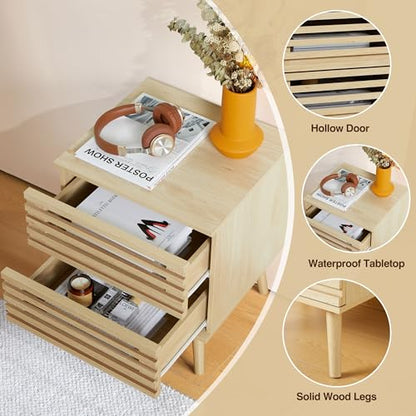 weselon Small Nightstand Set of 2, Boho End Tables with 2 Storage Hollowed-Out Drawers, Bedroom Bedside Table Storage Side Table for Bedroom Living Room (2, Natural Oak)