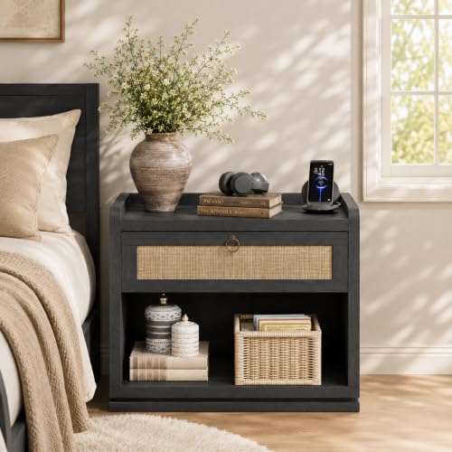 31" Wide Rattan Nightstand with Charging Station, End Side Table | Drawer & Open Shelf, Extra Large Night Stand, Farmhouse, Boho, Wood Bedside Table for Bedroom,Living Room,Office - color: Obsidian