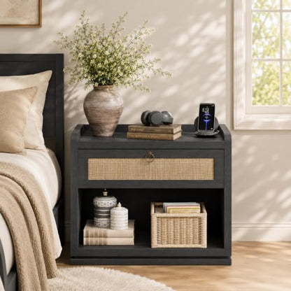 31" Wide Rattan Nightstand with Charging Station, End Side Table | Drawer & Open Shelf, Extra Large Night Stand, Farmhouse, Boho, Wood Bedside Table for Bedroom,Living Room,Office - color: Obsidian