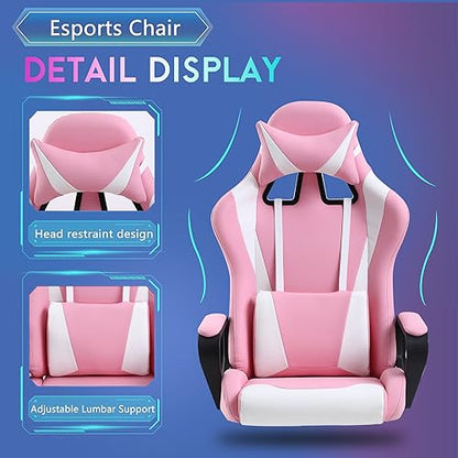 PayLessHere Ergonomic Racing Desk Chair Gaming Chair Computer Chair with Armrests 360° Swivel & Caster Pu Desk Task Chair Executive Headrest Lumbar Support for Back Pain Women Men and Adults,Pink - color: Pink