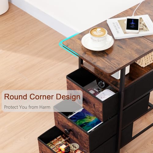 AMHANCIBLE End Tables Living Room with Charging Station, Narrow Side Table with USB Ports and Outlets, Slim Nightstand with 3 Fabric Drawers for Bedroom, Small Space, Rustic Brown, HETN013BR-1 - color: Brown, style: Power