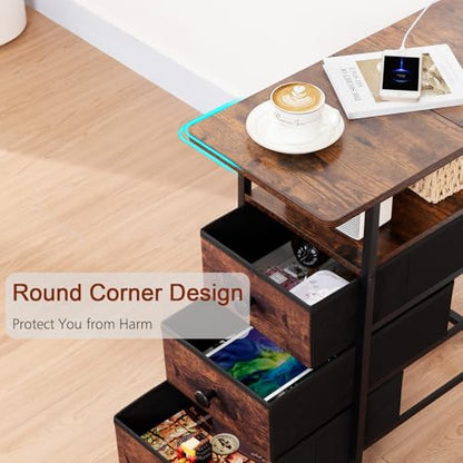 AMHANCIBLE End Tables Living Room with Charging Station, Narrow Side Table with USB Ports and Outlets, Slim Nightstand with 3 Fabric Drawers for Bedroom, Small Space, Rustic Brown, HETN013BR-1 - color: Brown, style: Power