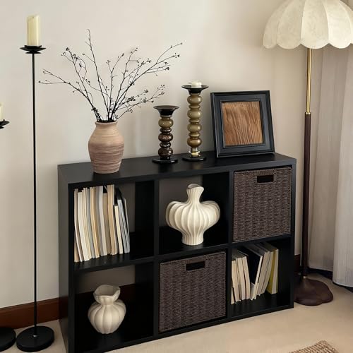 IRONMIX Metal 6 Cube Storage Organizer with 2 Storage Basket, Short Black Bookshelf with Storage, 2 Tier Horizontal Bookshelf Open Bookcase Cube Shelf for Home Office Library (Black, 1037 with Basket) - color: Black, size: 1037-6 Cube with Basket