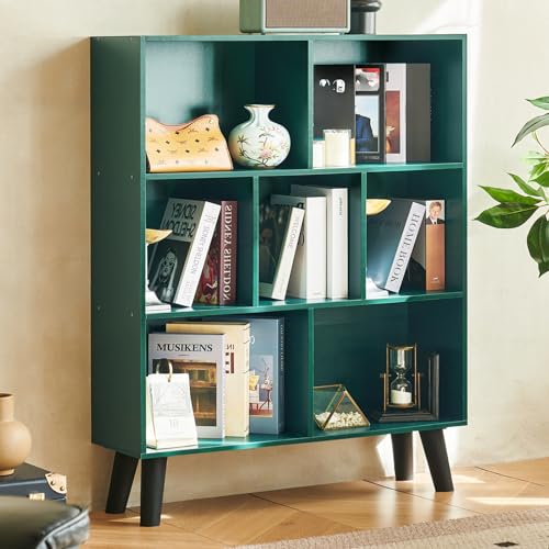 LEYAOYAO Cube Bookshelf, Mid-Century Modern Book Shelf with Legs,Dark Green | 3 Tier Bookcase, Rustic Wood Bookshelves Freestanding Small Storage Organizer, Open Shelves for Bedroom, Living Room, Office - color: Dark Green, size: 7 Cube with Legs