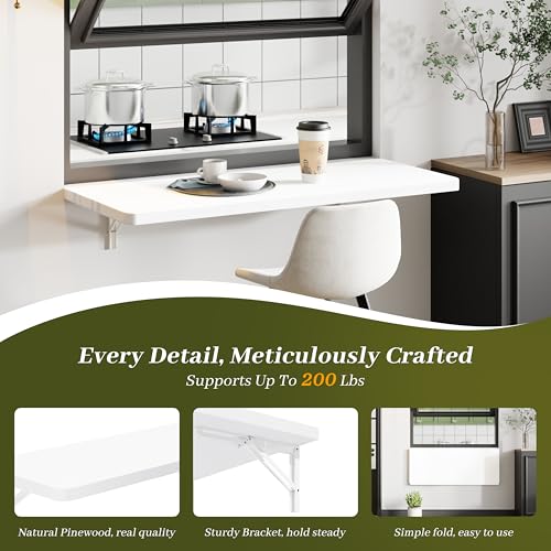 Dogsky 36" x 14" Floating Wall Desk, Fold Down Wall Table - 200 lbs Heavy Duty Solid Pine Wall Mount Folding Desk for Home Office, Laundry Room, Kitchen & Small Apartment, White - color: White, size: 36'' x 13.7'' x 6.3''