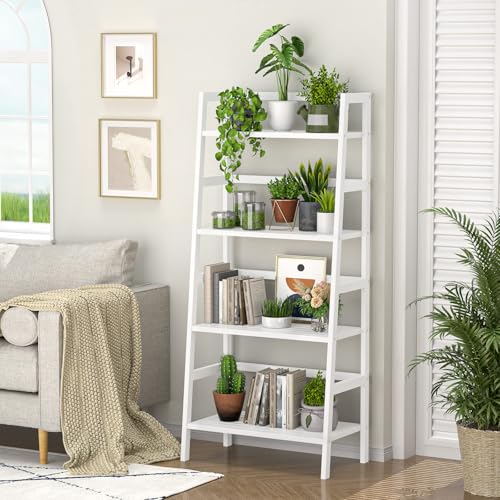 Homykic Ladder Shelf, 4-Tier Bamboo Ladder Bookshelf, 49.2” White Book Shelf, Open Bookcase Freestanding Plant Stand for Small Space, Bathroom, Living Room, Bedroom, Home Office - color: White