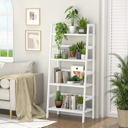 Homykic Ladder Shelf, 4-Tier Bamboo Ladder Bookshelf, 49.2” White Book Shelf, Open Bookcase Freestanding Plant Stand for Small Space, Bathroom, Living Room, Bedroom, Home Office - color: White