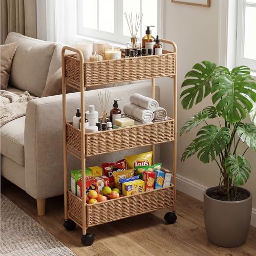 FOCHIER F Utility Slim Storage Cart,3-Tier Rolling Kitchen Office Laundry Room Cart,Mobile Shelving Unit Organizer for Living Room Bathroom Baby Diaper Narrow Places (Natural, 3 Tiers-7.1 inch (W)) - color: Natural, size: 3 Tiers-7.1 inch (W)