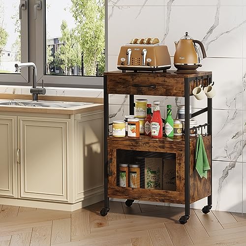 Homeiju Kitchen Island Cart, Kitchen Storage Cart with Drawer, Microwaves Stand, Coffee Cart, Rolling Kitchen Cabinet Cart with Hooks for Kitchen, Dining Room - color: Black and Brown