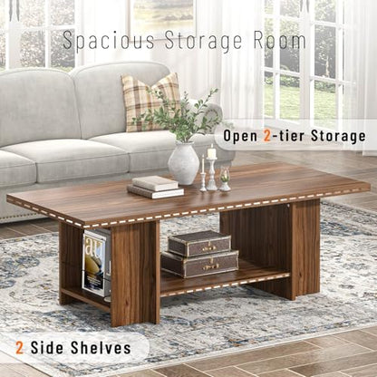 FOLUBAN Coffee Table, Modern Wood Living Room Table with Storage Bottom Shelf & Side Shelves, Rectangle Center Table Cocktail Tea Table for Home Office, Rustic Walnut, 47 Inch - color: Walnut