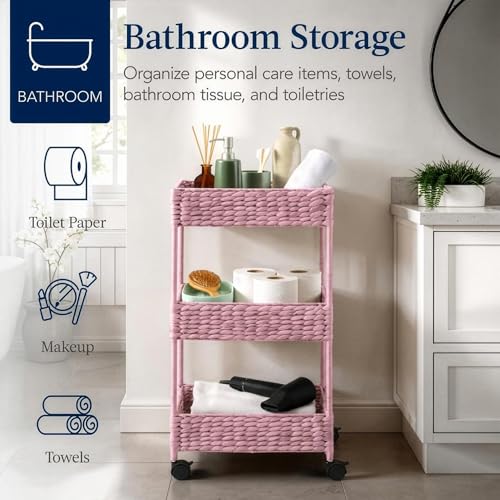 Best Choice Products 3-Tier Water Hyacinth Rolling Nursery Caddy w/Wheels, Utility Cart, Storage Organization for Bathroom, Craft Room, Laundry Room - Pink - color: Pink