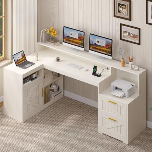 TVU Farmhouse L Shaped Desk with Drawers, 62.2" Home Office Desk with Storage Shelves and Power Outlet, L Shaped Computer Desk with Monitor Stand and Printer Shelf, White - color: White