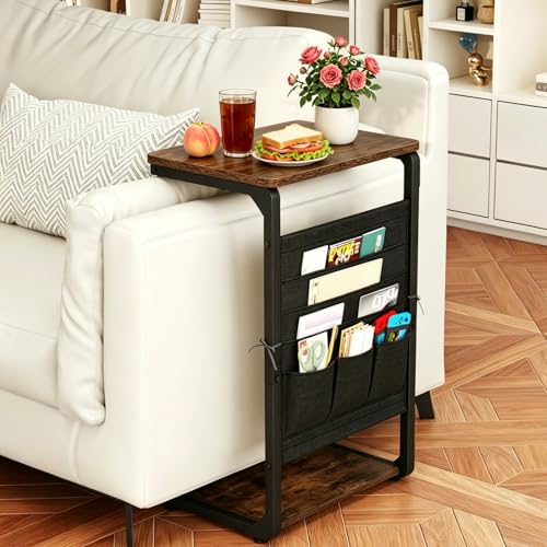 TV Tables for Eating Over Couch, Sofa Side Table Tray Dinner Recliner Chair | TV Trays on Couch Tables that Slide Under, Small Laptop C Shaped End Stand, Snack Food Breakfast Drink, Living Room ET-P-BRW1 - color: Rustic Brown